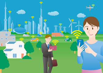 Poster - smart city and transportation, people control smart devices, vector illustration