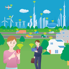 Poster - smart city and transportation, people control smart devices, vector illustration