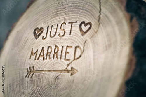 Fotografie, Obraz Woodcarving. Newlyweds, Just married, inscription on the wedding