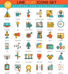 Poster - Vector Startup and development flat line icon set. Modern elegant style design for web.