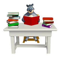 Canvas Print - fun Bear cartoon character with table, chair and book stack