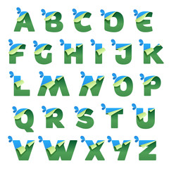 Paper alphabet with blue drops and folded corner.