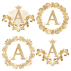 Poster - Golden letter A vintage monograms set. Heraldic monogram in coats of arms and round frames.