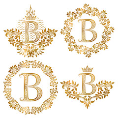 Poster - Golden letter B vintage monograms set. Heraldic monogram in coats of arms and round frames.