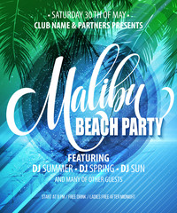 Wall Mural - Malibu Beach Party poster. Tropical background. Vector illustration