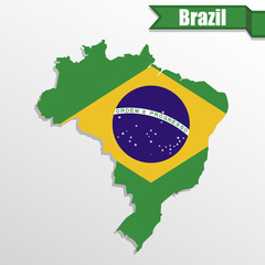 Canvas Print - Brazil map with Brazil flag inside and ribbon