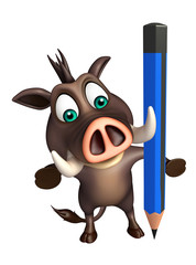 Poster - cute Boar cartoon character  with pencil