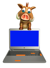 Sticker - cute Boar cartoon character with laptop