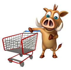 Sticker - cute Boar cartoon character with trolly