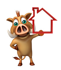 Sticker - Boar cartoon character with home sign