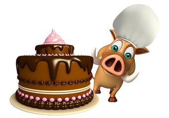 Poster - cute Boar cartoon character with cake