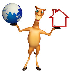 Poster - Camel cartoon character with home sign and earth