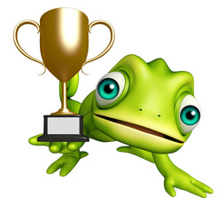 Poster - fun Chameleon cartoon character with winning cup