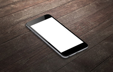 Poster - Smart phone with isolated white screen for mockup. Isometric view phone on table.