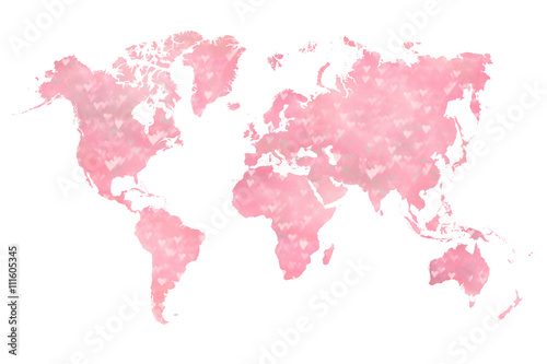 Carte du monde remplie d'une photo de coeurs roses flous (effet réservé) Poster