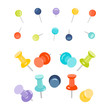 © art4stock - Set of colored push pins on white background. Collection of push pins for maps. Thumbtacks. Pins stationery products. Needles and tacks. Vector illustration.