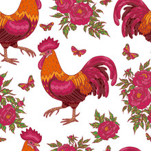 Pattern With Red Rooster, Butterflies And Flowers