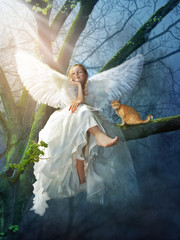 Leinwandbilder - Angel with a cat sitting on a tree. Digital illustration.