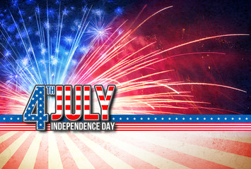 Fototapete - 4th Of July - Independence Day Retro Card With American Fireworks
