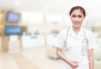 nurse with stethoscope and medical report in hospital