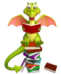 Wall Mural - cute Dragon cartoon character with book stack