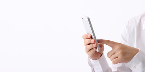 human hand using smartphone on white background