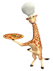 Sticker - fun Giraffe cartoon character with pizza and chef hat