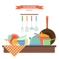 kitchenware. vector set of elements on wooden table.