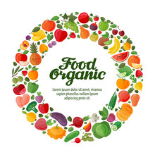 Fruits And Vegetables In A Circle. Gardening, Horticulture. Organic Food Banner. Vector Illustration