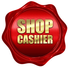 shop cashier, 3D rendering, a red wax seal