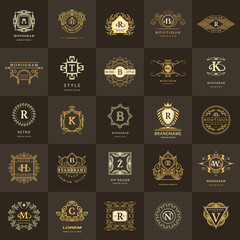 Line graphics monogram. Vintage Logos Design Templates Set. Business sign Letter emblem. Vector logotypes elements collection, Icons Symbols, Retro Labels, Badges, Silhouettes. Premium Collection