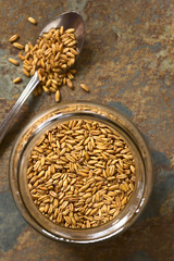 Canvas Print - Toasted oat grains, a healthy crunchy breakfast cereal ingredient in glass jar, photographed overhead on slate with natural light (Selective Focus, Focus on the top of the grains in the glass jar)