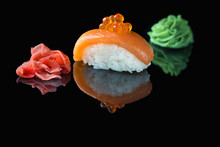Classic Sushi, Ginger And Wasabi On A Black Background