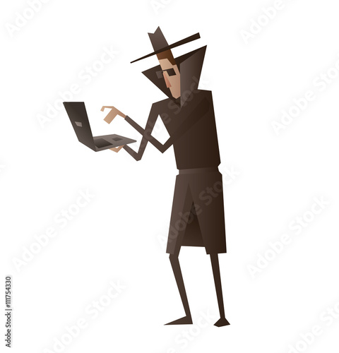 Fotografía Vector cartoon image of a spy in a black coat, a hat and sunglasses standing with black laptop in his hands on a white background