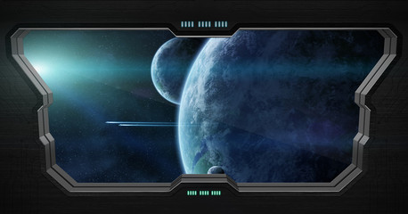 View of outer space from inside a space station