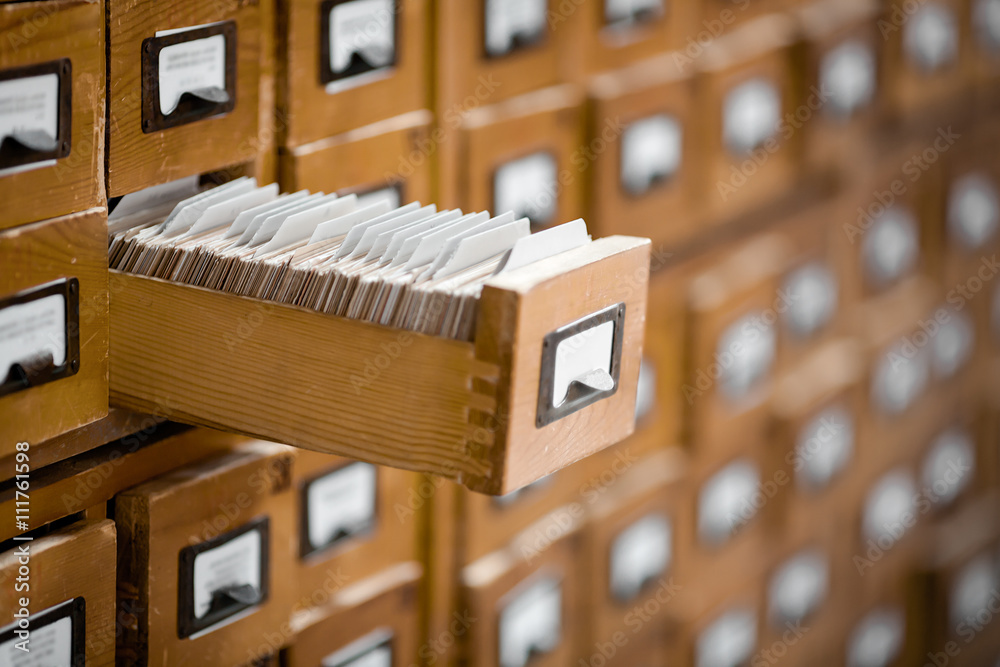 Library or archive reference card catalog. Database, knowledge base concept. - obrazy, fototapety, plakaty 