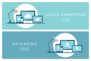 Poster - Set of flat design concepts Cloud computing and Uploading technology. Banners for web design, marketing and promotion. Presentation templates. Vector illustration.