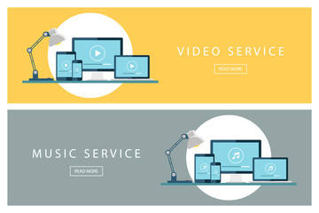 Poster - Set of flat design illustration concepts Video service and Music service. Banners for web design, marketing and promotion. Presentation templates. Vector illustration.