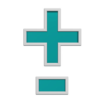 Hyphen, minus, plus marks from turquoise glass with white frame alphabet set. 3D illustration.