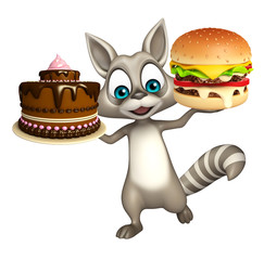  fun Raccoon cartoon character with burger  and cake