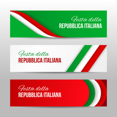 Wall Mural - Set of modern colorful horizontal vector banners, page headers with text Italian Republic Day . Can be used as a trendy business template or in a web design. Italian National Day banners.