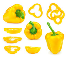 Collection Of Yellow Bell Peppers And Slices Isolated On White B