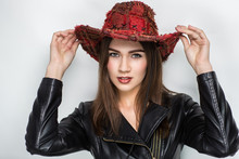 Young Beautiful Woman, Model, Actress, Cowboy, America, Wild West, Fashion. Perfect, Natural Makeup, Expressive Eyes, Lipstick, Shiny, Brown, Caramel Color. Luxurious Country Look, Daring Farm Style.
