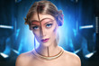 young beautiful girl, model, woman, princess, character, alien. Fabulous, mystical look. Bright, creative, fantasy makeup, futurism style, gold, brown forehead, lines, pattern, nose, neck, pink lips.