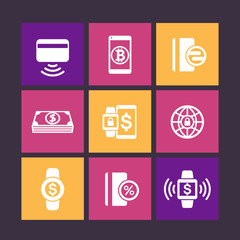 Sticker - modern payment methods icons on color squares, payment with wearable devices vector pictogram, contactless card, vector illustration