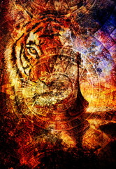 Wall Mural - viking boat on the beach with wood dragon and tiger head, and ancient mayan calendar, abstract color