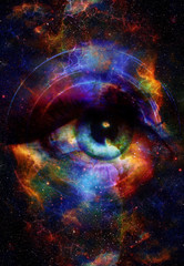 Fototapete - Woman Eye and cosmic space with stars and music speaker silhouette. abstract color background, eye contact, music concept.