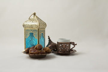 Wall Mural - Turkish Cup of Coffee with Lantern and Dates, after iftar