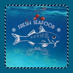 Vector label with fish silhouette, nautical accessory.