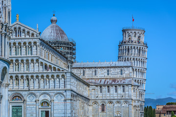 Wall Mural - Architecture leaning tower Pisa. / Marble architecture in Pisa Italy with leaning tower in background, Europe landmark.